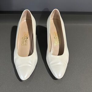 Ferragamo Elegant Pearl White Shimmer, with Silver Heels